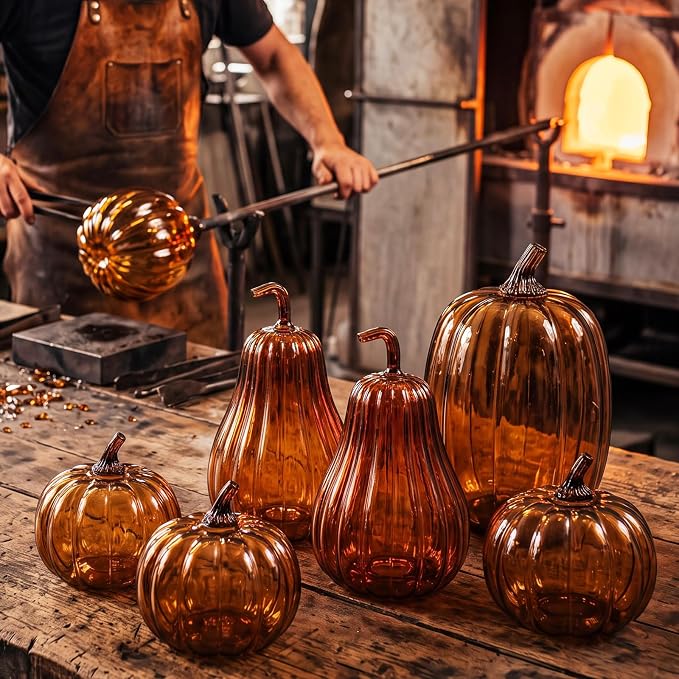 Yungyan Set of 3 Glass Pumpkin Lamp Shades Fall Decor,Brown | Pumpkin Candle Holder Rustic Thanksgiving Halloween Autumn Mantel Table Centerpiece Home Decoration, Lights Not Included