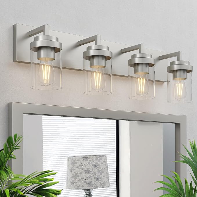 Bathroom Lighting Fixtures, 4-Light Bathroom Vanity Lights Over Mirror, Brushed Nickel Vanity Light with Glass Shade, Modern Vanity Lighting Fixtures for Bathroom, Bedroom, Hallway