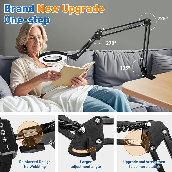 Ultra Long 3-Section Swing Arm 12X Magnifying Glass with Light-Black | 4-Way Large Metal Clamp, 5 Color Modes LED, 35.2Inch Lighted Magnifier Lamp for Workbench Crafting Hobby Soldering Sewing