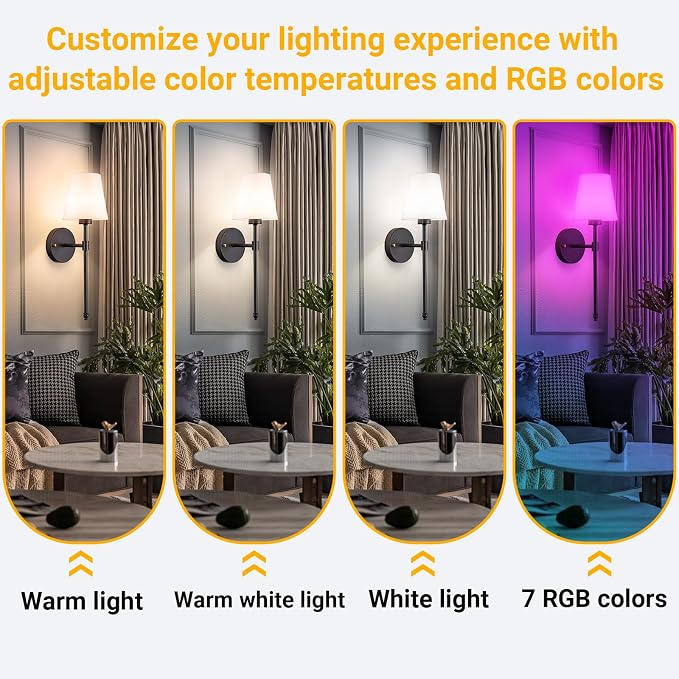 Vimhou Peel and Stick Wall Sconces, Stick On Wall Sconce Set of 2, Battery Operated Wireless Wall Light, No Drill Adhesive Wall Lamp, Corn Bulb with 10000mAh Rechargeable Battery, Bedroom Wall Decor