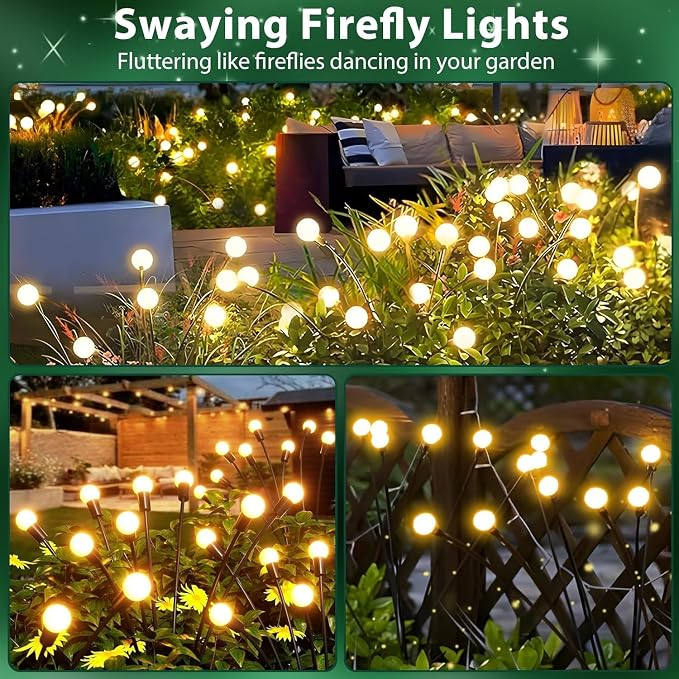 8 Pack Solar Firefly Lights Outdoor Swaying Garden Decor 64 LED Warm White | 2 Lighting Mode, Auto On/Off, Sway with Wind, Waterproof Solar lights Outdoor for Walkway Yard Terrace Holiday Decorations