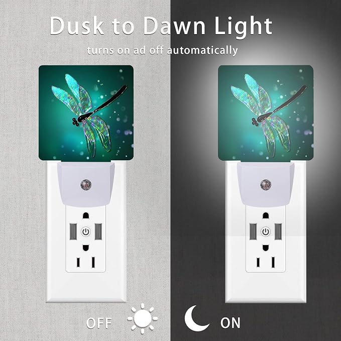 Dragonfly Night Light,Fantasy Green Dragonfly Plug-in Night Lights with Dusk-to-Dawn Sensor for Bedroom, Bathroom and Living Room Sleep Friendly lamp for Women/Girls/Boys Gift,0.5W