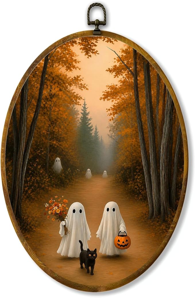 Ghost Forest Oval Wall Art, Framed Canvas Decor, 8.5x11.5 Inch | Cute ghosts, black cat, pumpkin bucket and autumn forest Halloween decor