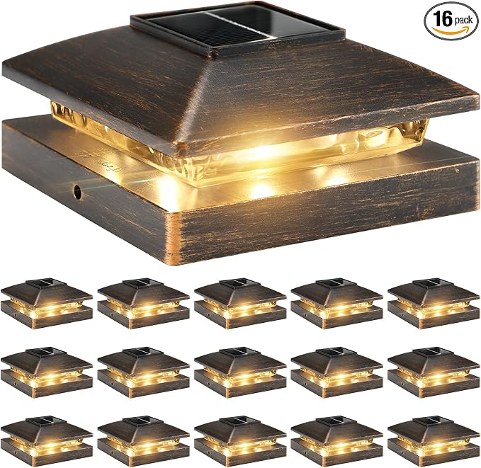 Solar Post Cap Lights Outdoor 16pack, Waterproof Solar Powered Deck Fence Post Lights Fit 4x4 Wood/Vinyl Posts, Bright Warm White Solar Post Lights Decorate Deck, Patio, Porch, Fence(Copper)