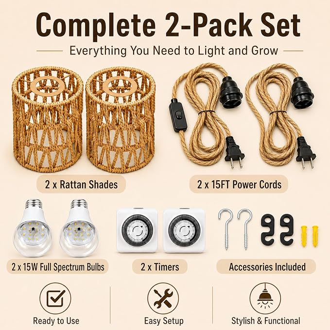2 Pack Hanging Grow Lights for Indoor Plants Boho Rattan Plant Light | 15FT Power Cord with Timer, 15W Full Spectrum Pendant Plant Lights for Indoor Growing Greenhouse Flowers Home Decor