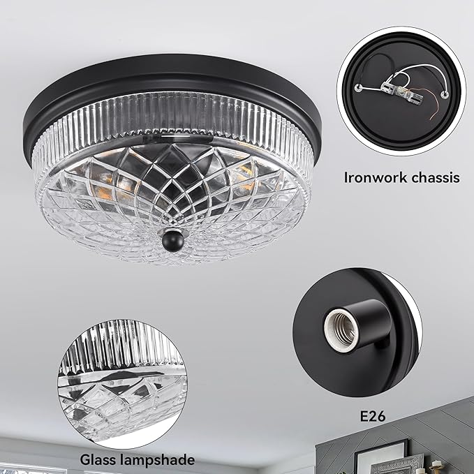 Semi Flush Mount Ceiling Light with Clear Glass Shades,3-Lights Industrial Semi Flush Mount Ceiling Light, 3-Light Industrial Black Light Fixtures Ceiling Mount for Kitchen Living Room Foyer