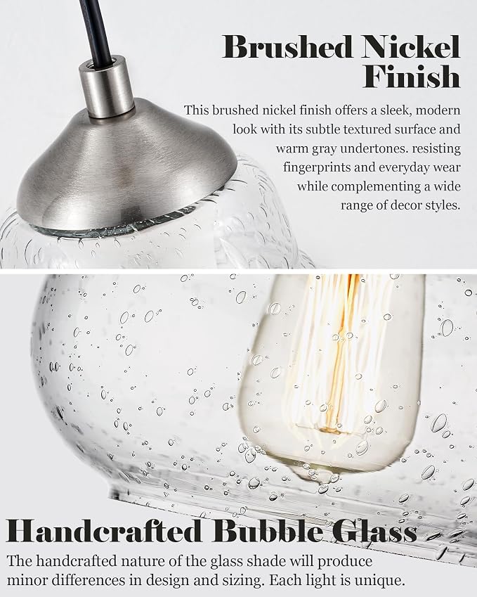 ELYONA 8 Inch Bubble Glass Pendant Light Industrial Kitchen Island Globe Hanging Pendant Light Fxiture Modern Hand Blown Seeded Glass for Farmhouse Dining Room Bar Bedroom Living Room Brushed Nickel