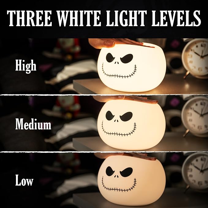 Disney Squish'ems Jack Skellington Night Light for Kids, Soft Silicone | 13 Color Modes and Dimmable Warm White Light for Kids Room, Bedroom, and Playroom, USB Powered with AAA Battery Option