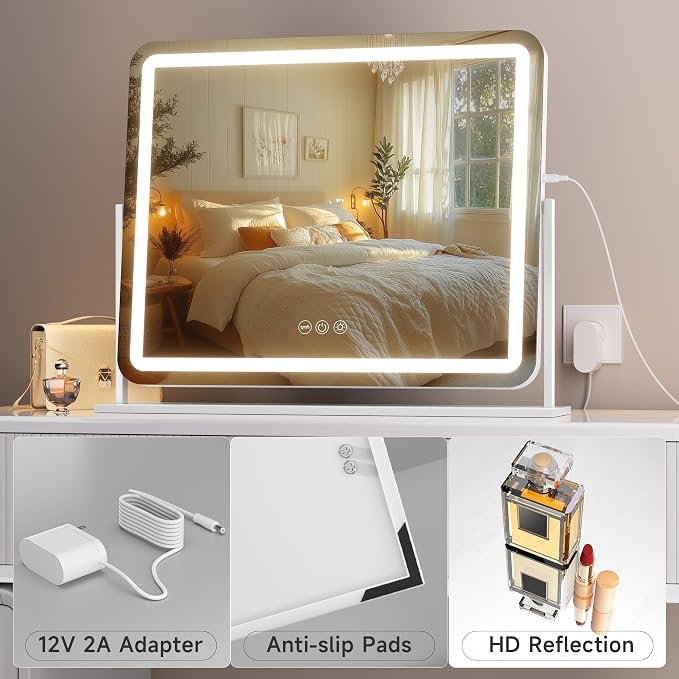 Hasipu Vanity Mirror with Lights, 24" x 20" LED Makeup Mirror, Light up Mirror with Smart Touch 3 Colors Dimmable, Brightness Adjustment, 360° Rotation (White)