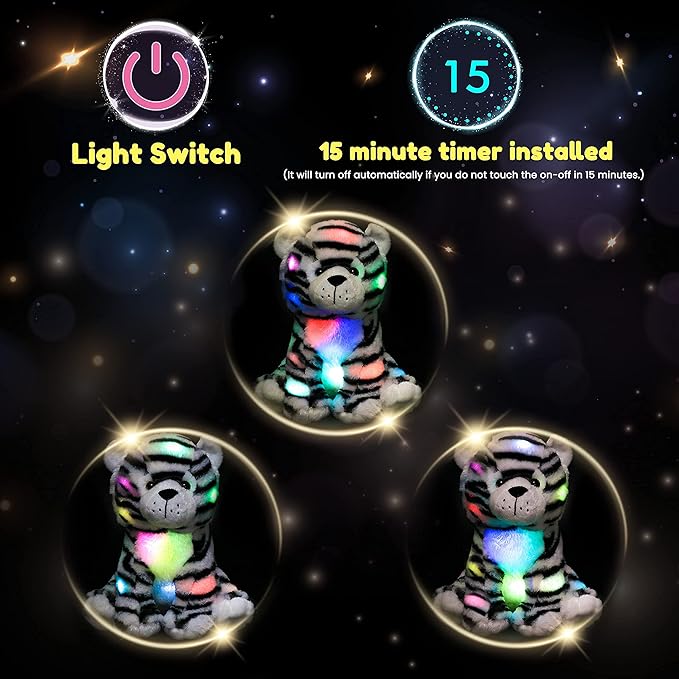 Hopearl LED Plush Tiger Lighting Up Stuffed Jungle Animal Floppy Toy Night Lights Glow in The Dark Birthday Festival for Toddlers Boys Girls, 11''