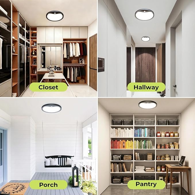 hepside Motion Sensor Ceiling Light Wired, 3000K/4000K/6500K LED Flush Mount Ceiling Light Fixture, 12Inch 24W Motion Sensor Light with Timer for Closet Stair Porch Hallway Pantry,Black