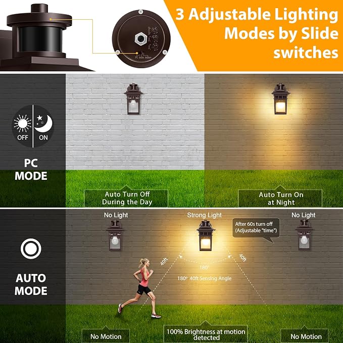 2 Pack Porch Lights with GFCI Outlet,Bronze Dusk to Dawn Motion Sensor Outdoor Light,3-Mode Wall Exterior Lighting Fixture,Waterproof Outside Lights Sconce for House Front Door
