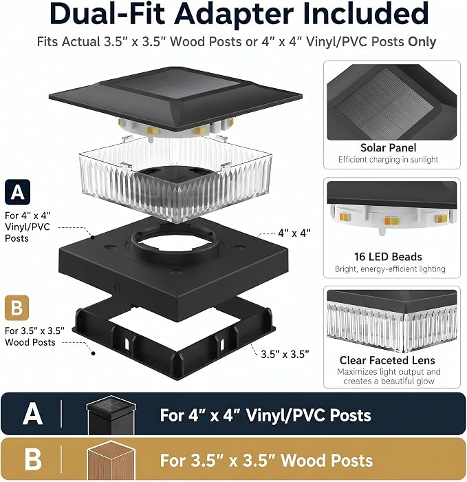 16 Pack Solar Post Cap Lights 4x4, Dual-Color Waterproof Fence Post Solar Lights, Fits 4x4 Vinyl or 3.5x3.5 Wood Posts, Dusk to Dawn Outdoor Lighting for Deck, Garden & Porch Decor, Black