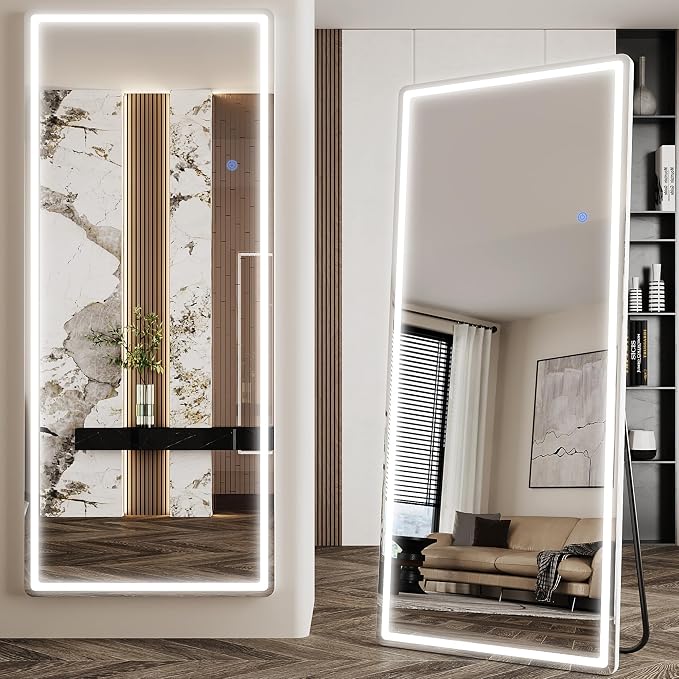 Antok LED Full Length Mirror with Light, 71"x28" Lighted Full Body Mirror with Stand, Dimmable & 3 Color Lighting Standing/Leaning/Wall Mounted Vanity Mirror for Bedroom Cloakroom Livingroom(Rect)