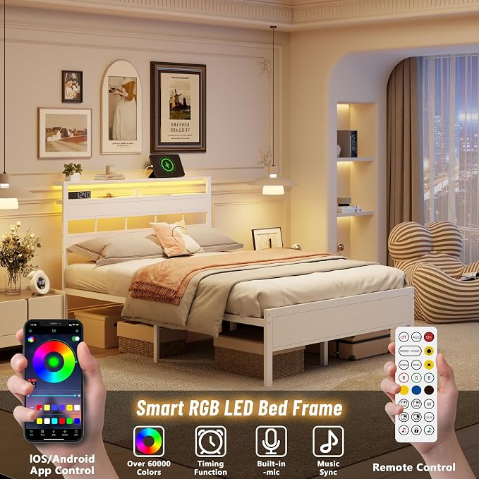 Full Size Bed Frame White, Storage Headboard, LED Lights & Charger | 2-Tier Wood Shelves,12 Metal Slats,Noise-Free,No Box Spring,12.6" Under-Bed Storage,USB & Type-C Ports,Easy Assembly,700lbs.