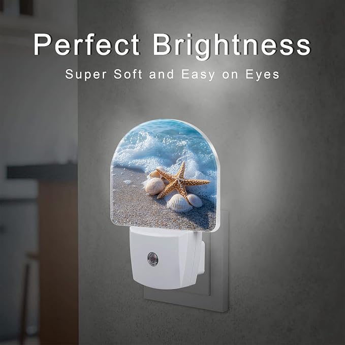 Starfish and Seashells on Beach Night Light for Kids,Summer Beach Ocean Waves Plug in Night Light with Dusk to Dawn Sensor, 0.5w Energy Saving Nightlight for Hallway Stairway Kitchen Bedroom