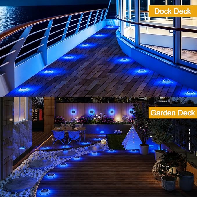 Blue Solar Driveway Lights Outdoor 4 Pack Dock Deck Lights IP68 Waterproof | Solar Powered Deck Lights, Stick on Solar Dock Lights Outdoor for Stair, Patio, Pathway, Yard, Walkway, Sidewalk, Step, Pool