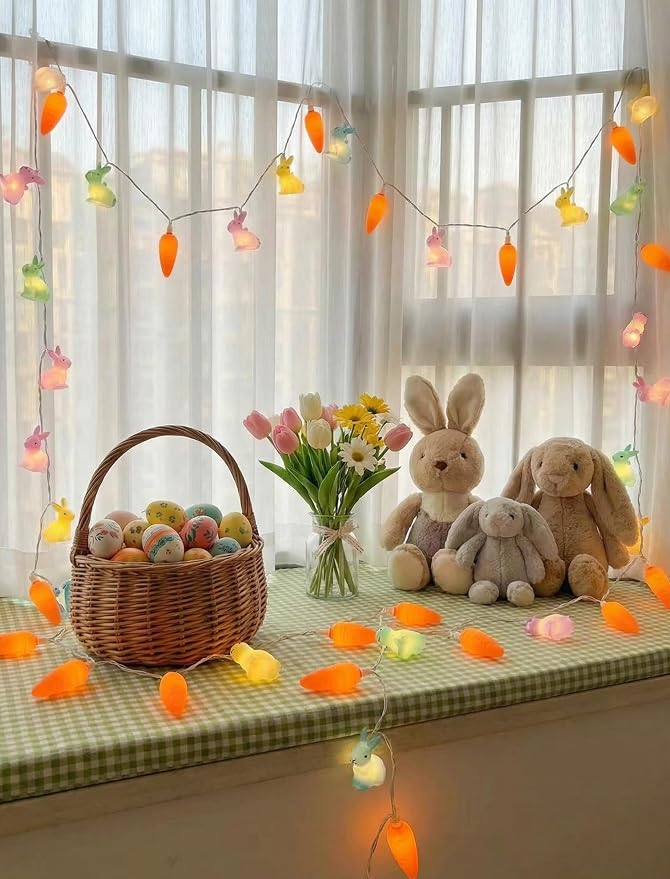 10 LED Bunny Carrot Camping String Lights, 8.5Ft Easter Decoration Outdoor | Shatterproof, Plug in Rabbit Lights Indoor, Connectable, Multicolor Fairy Lights for Party Garden Home Summer Decor for Kids