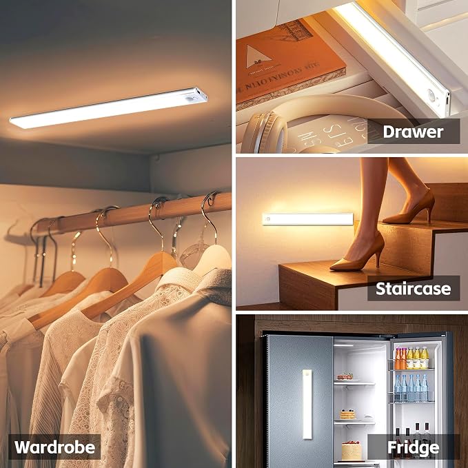 15.75 inch Under Cabinet Lighting, 4 Pack Magnetic Closet Lights | Motion Sensor, 74 LED, 3 Color Temperature, USB-C Charging, Durable and Easy-to-Install, for Staircases, Wardrobes