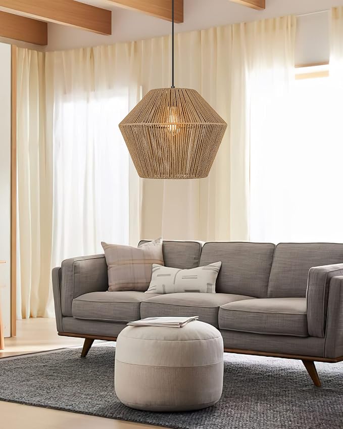 ELYONA 17” Woven Pendant Light, Modern Boho Chandelier Handwoven Rattan Basket Shade, Japandi Pendant Light Fixtures Farmhouse Ceiling Hanging Lamp for Dining Room, Kitchen Bedroom, Entryway, Foyer