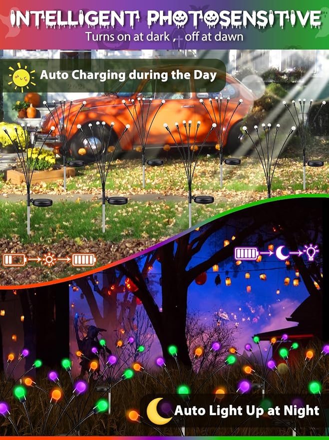 Halloween Decor Outdoor Solar Firefly Lights 6PK 48 LED Orange Purple Green | 2 Lighting Modes, Memory Function and Auto On/Off, Sway with Wind, Waterproof Halloween Decor for Outside Horror Party Garden