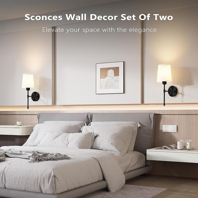 Battery Operated Wall Sconces Set of 2, Wireless Rechargeable Dimmable Wall Light with 5600mAh RGB Bulb and Remote for Bedroom, Living Room, Hallway, Black, 19in