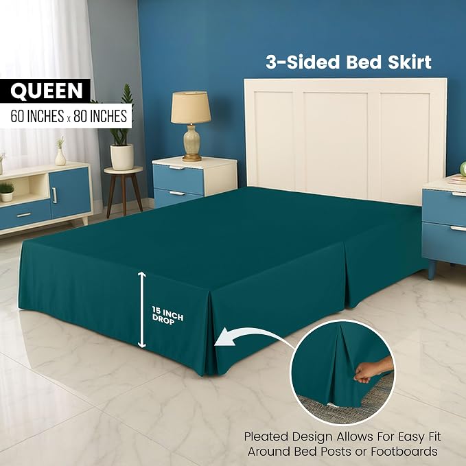 Queen Bed Skirt, Hides Under-Bed Storage 16 Inch Drop, Pleated, Teal | Easy Fit Design, Shrinkage & Fade Resistant, Hotel Style, Microfiber Durable Fabric, Machine Washable