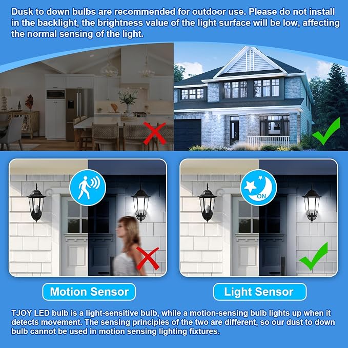 TJOY Dusk to Dawn Light Bulb Outdoor, Light Sensor, Automatic on/Off, 5000K | Photocell A19 LED Bulb for Outdoor Porch Lighting, 60W Equivalent, Energy Efficient 9W, Daylight, E26 Base, 2 Pack