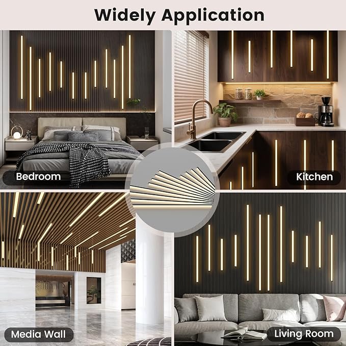 Slat Wall Lights - GloryAir 12Pcs Black Self-Adhesive Wall Panel Light Strips, 3000K Warm White Dimmable Smart Touch Switch for Wood Slat, WPC & Acoustic Panel, Living Room, Bedroom & Stair Decor
