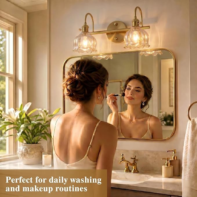 Bathroom Light Fixtures, 3-Light Brass Vanity Wall Light with Amber Tulip Glass Shades, Vintage Wall Sconce Over Mirror for Bathroom, Bedroom, Living Room (Bulbs Not Included) (Amber, 2-Light)