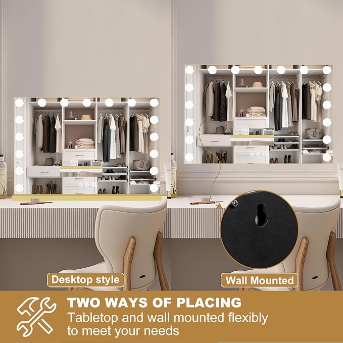 Moonee Vanity Mirror with Lights, Gold Hollywood Lighted Makeup Mirror with 17 Dimmable Bulbs and 10X Magnification, 3 Colors Modes, Aluminum Metal Frame, Light Up Mirror for Tabletop/Wall（28" x 20"）