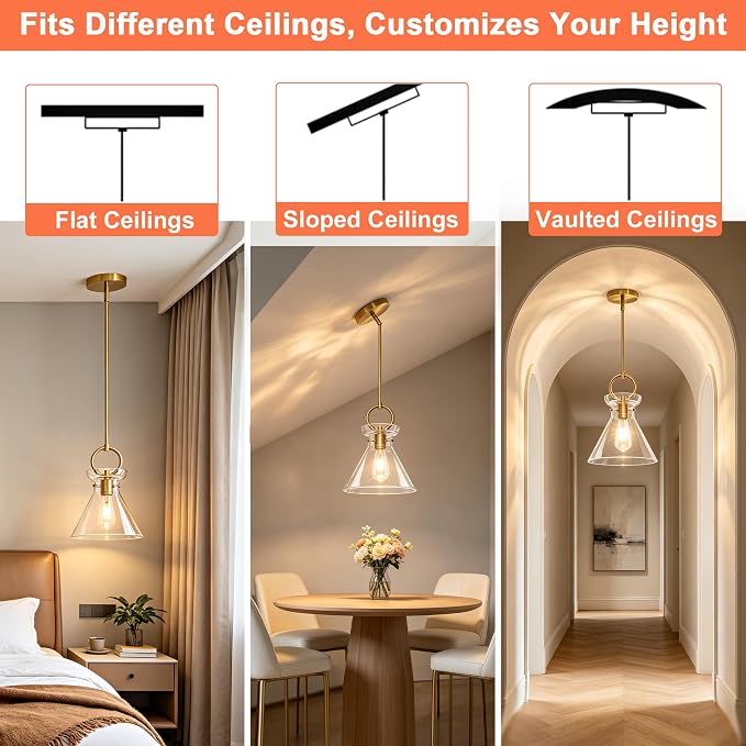 Gold Pendant Lights Kitchen Island 9.84'' Clear Glass Shade | Modern Pendant Lighting Over Sink, Adjustable Hanging Ceiling Light, E26 Dimmable for Dining Room, 1-Pack