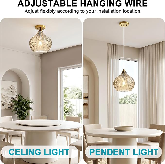 Amber Glass Pendant Lights Kitchen Island Gold Hanging Ceiling Light 9"