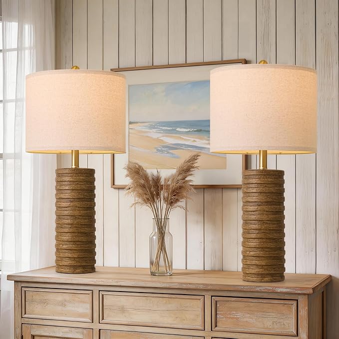 PoKat Farmhouse Table Lamps Set of 2 for Living Room, 27'' Tall Retro Ceramic Bedside Lamps with Linen Lampshade for Bedroom, Vintage Wood-Like Rustic Nightstand Lamp Office Sideboard Hallway (Brown)