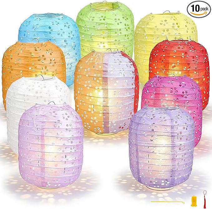 10Pack Paper Lanterns Chinese Lunar New Year Decorations 2026 Japanese Hanging Paper Lanterns with LED Lights Sticks Tassels 6.3Inch for Spring Festival Valentine's Day Wedding Asian Home Party Decor