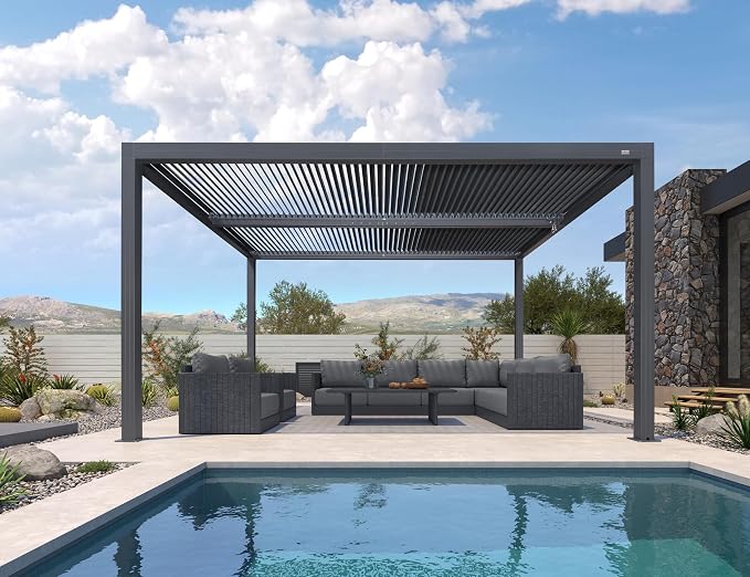 PURPLE LEAF Louvered Pergola 94AS 10' x 12' Aluminum Wind Resistant Gray | All-Aluminum Rustproof Structure, Contemporary Modern Design, Engineered For 53Mph Wind Resistance, 94AS Heavy-Duty Model