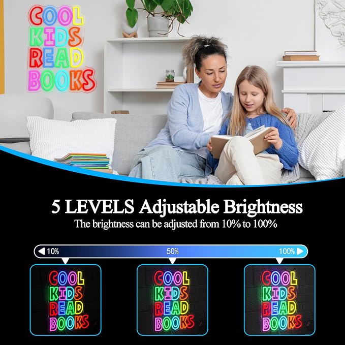 Cool Kids Read Books Neon Sign for Wall Decor Reading Letters Neon LED Light USB Powered Book LED Light Sign for Classroom Library School Girls Boys Room(12.6 * 16.54In)