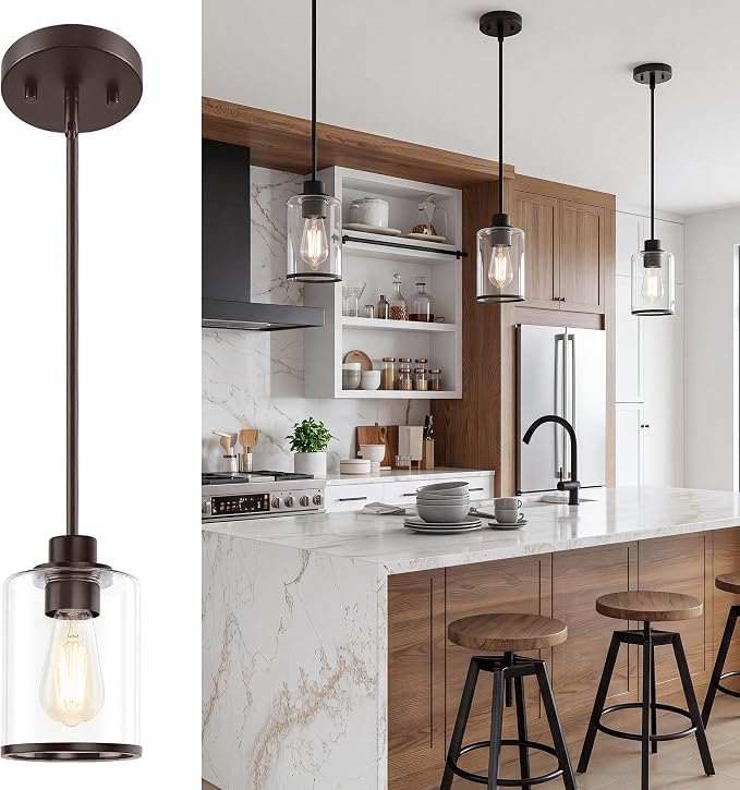 Beionxii Pendant Lights Kitchen Island, Oil Rubbed Bronze Hanging Light | Farmhouse Pendant Lighting, Hanging Pendant Light with Rods for Kitchen Island Dining Room Bedroom Entryway,BX-PL02ORB-CG+R