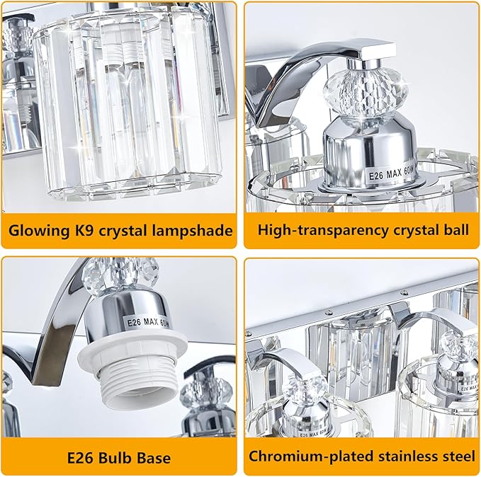 4-Light Modern Bathroom Light Fixture Chrome Vanity Lights Over Mirror Wall Sconce Lighting with K9 Crystal Shades Bathroom Wall Lamp E26 Base for Bedroom, Living Room, Hallway, Cabinet