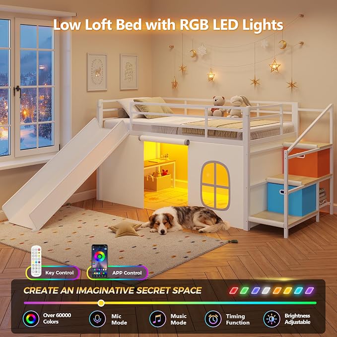 DICTAC Low Loft Bed with Slide,Storage Stairway and Led Lights Metal Twin Size Loft Bed with Under-Bed Play Space,Art Table & Play Curtain Twin Beds with 2 Drawers and 13.8''H Safety Guardrail,White