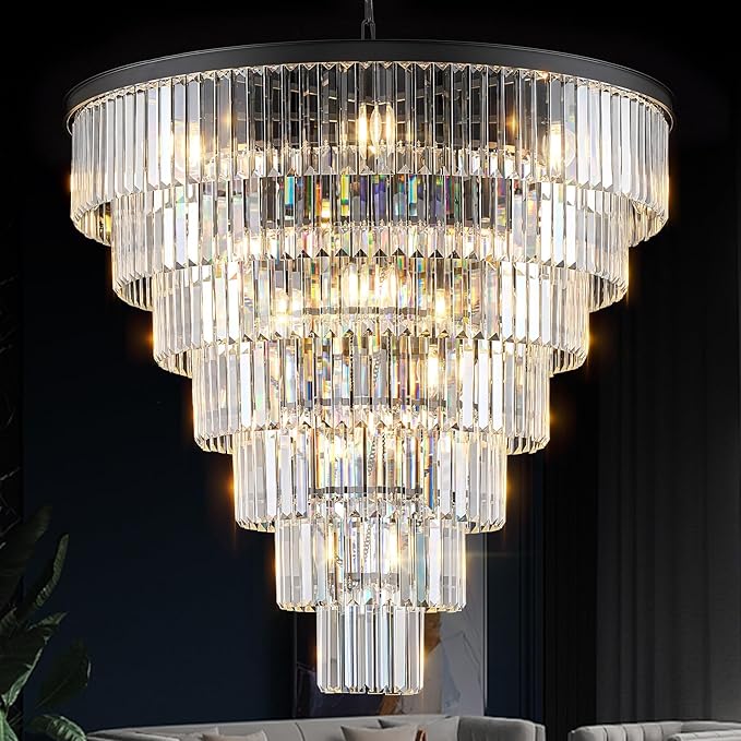 Large Black Crystal Chandelier 36" Round Chandeliers for Staircase Modern 22 Lights 7-Tier Luxury K9 Crystal Ceiling Pendant Lighting Fixture for High Ceiling Living Room Foyer
