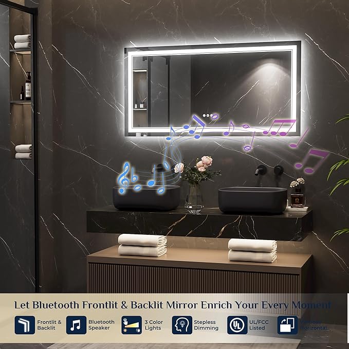 Keonjinn 48" x 24" Lighted Mirrors for Bathroom Wall with Bluetooth Speaker, Frontlit & Backlit LED Bathroom Mirror, Bluetooth Mirror Bathrooms, Tempered Glass, Anti-Fog, 3000K/4500K/6500K, Dimmable