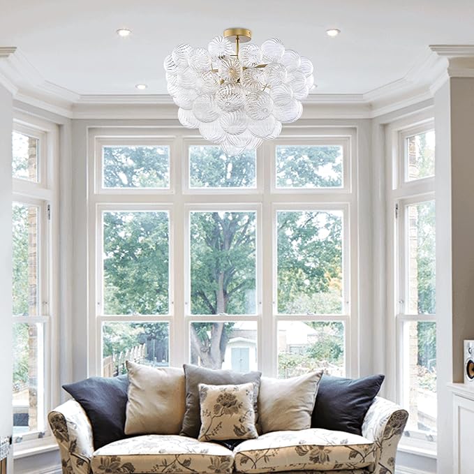 Semi Flush Mount Bubble Ball Chandelier Lighting 20 Inch Gold Clear Ribbed Blown Glass Chandeliers Ceiling Light Fixtures for Bedroom, Living Room, Entry, Bathroom