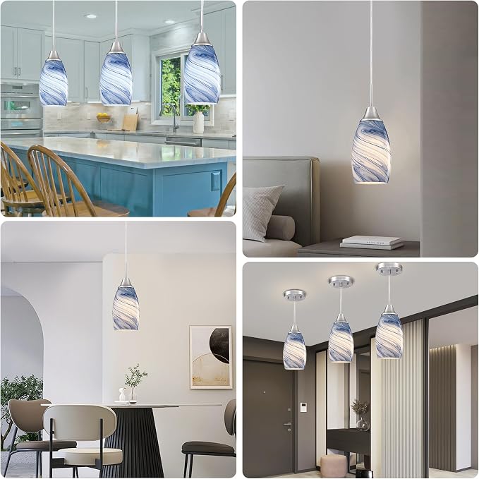 Viinew Mini Glass Pendant Light,Blue Marble Glass Pendant Light 3-Pack | Dark Blue Marble Art Glass Hanging Light,4.72" Handblown Oval Shade Adjustable Cord Ceiling Light for Kitchen