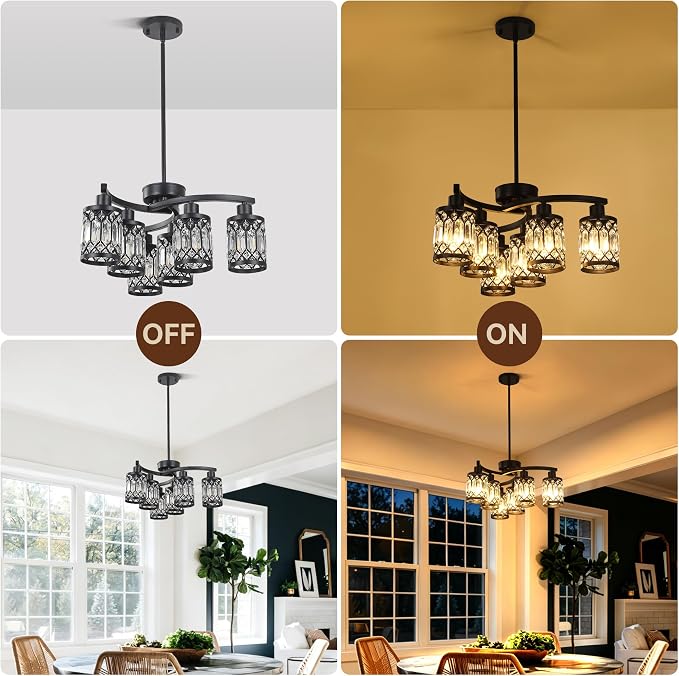CNRATYE 6-Light Black Crystal Chandelier, Farmhouse Dining Room Chandelier | Elegant K9 Crystals & Durable Metal Frame. Height Adjustable (17.6"-59"). Dimmable. Ideal For Kitchen Islands Foyers Bedrooms