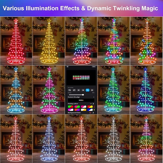 4FT 130LED Smart Christmas Tree Lights, USB Powered Christmas Cone Tree Lights with App Control, Color Changing DIY Music Sync & Timer Outdoor Christmas Tree for Yard Front Porch Xmas Decoration