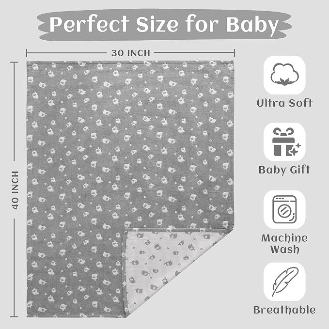NTBAY 3 Layer Muslin Toddler Blanket, 30 x 40, Dark Grey Elephant | Breathable Muslin Cotton Outer Layers with Light Thermal Fill, Reversible for Stroller, Daycare, Travel, and Supervised Use
