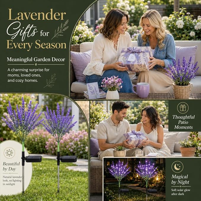 Lavender Solar Garden Lights, 6 Pack Outdoor LED Flowers | 6 purple lavender solar flowers with LEDs; auto on/off, IP65 waterproof stakes for pathway, yard, patio and Halloween decor
