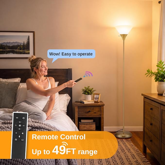 Coucrek Floor Lamp for Living Room, Torchiere Standing Light | Remote Control Stepless Dimmable Brightness & Color Temperature, 9W LED Bulb Included, Tall Lamp for Bedroom, Office, Dorm