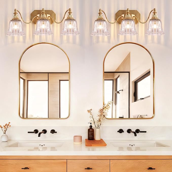 Brushed Gold 3-Light Bathroom Vanity Light, Crystal Glass Shade | Vintage Look, Antique Gold Finish, Solid Metal Frame, Wall Mount Lighting Fixtures Over Mirror, for Bathroom Restroom